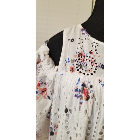 LOFT BOHO Peasant White Floral Eyelet Embroidered Cold Shoulder Mini Dress Sz S - Picture 3 of 8